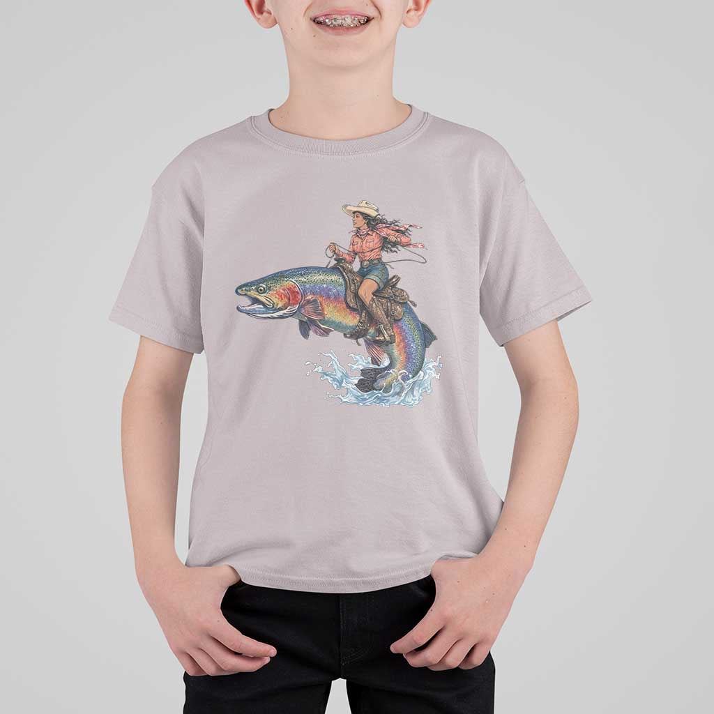 Vintage Cowgirl Riding Rainbow Trout T Shirt For Kid Funny Fishing Western Rodeo