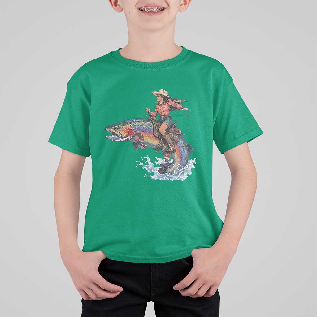 Vintage Cowgirl Riding Rainbow Trout T Shirt For Kid Funny Fishing Western Rodeo