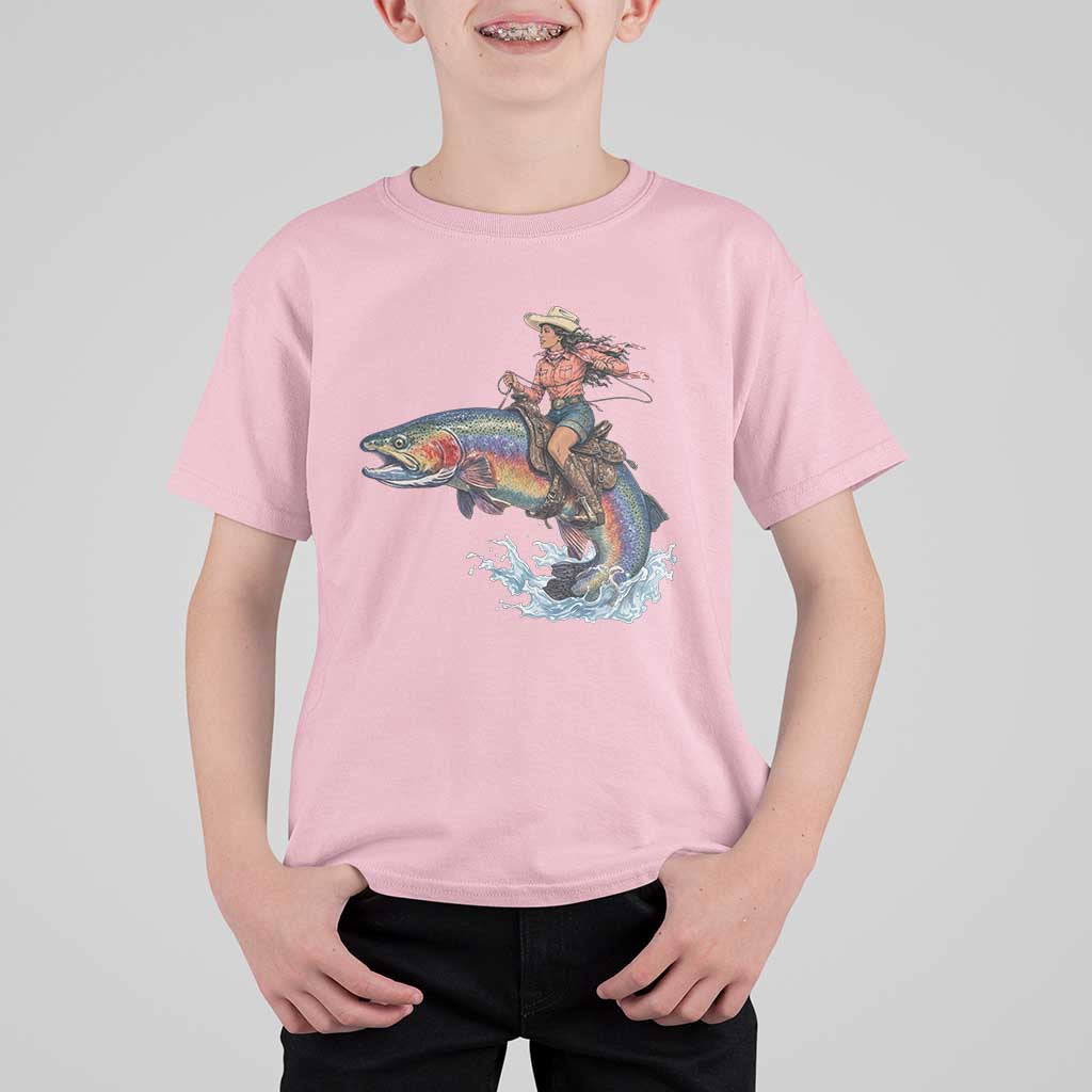 Vintage Cowgirl Riding Rainbow Trout T Shirt For Kid Funny Fishing Western Rodeo