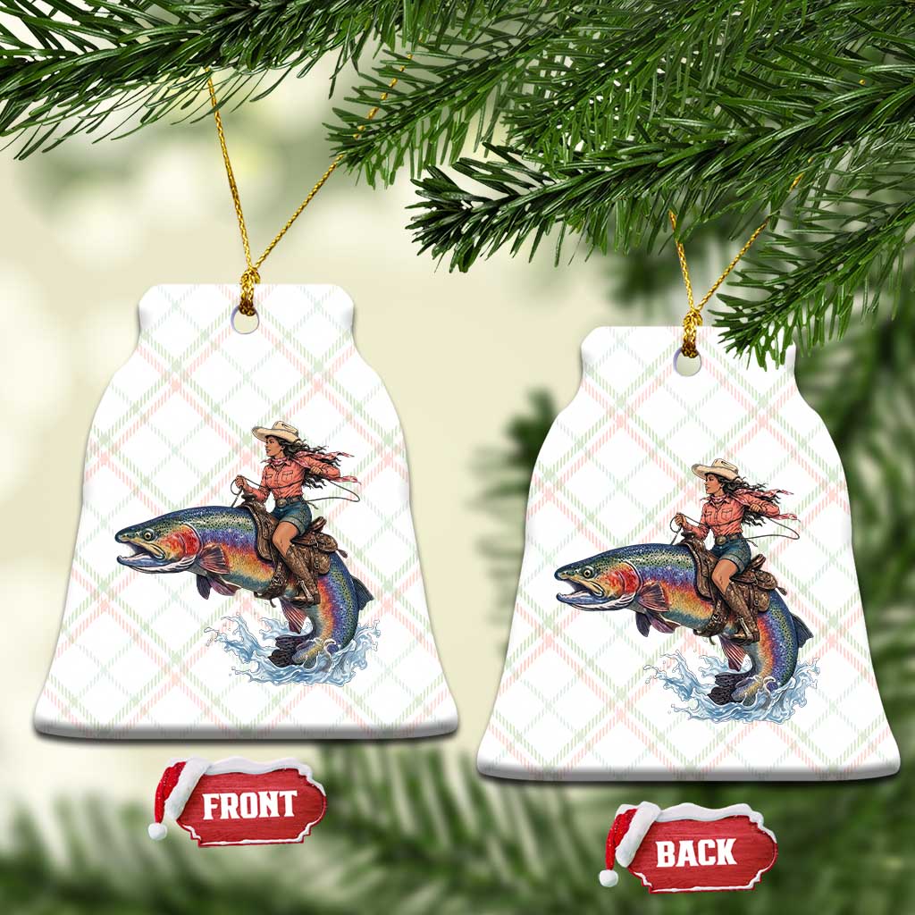 Vintage Cowgirl Riding Rainbow Trout Ceramic Ornament Funny Fishing Western Rodeo