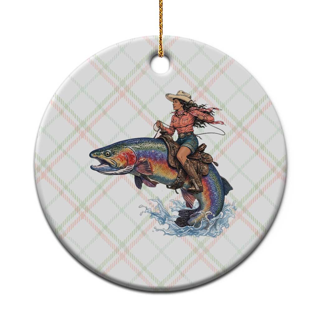 Vintage Cowgirl Riding Rainbow Trout Ceramic Ornament Funny Fishing Western Rodeo