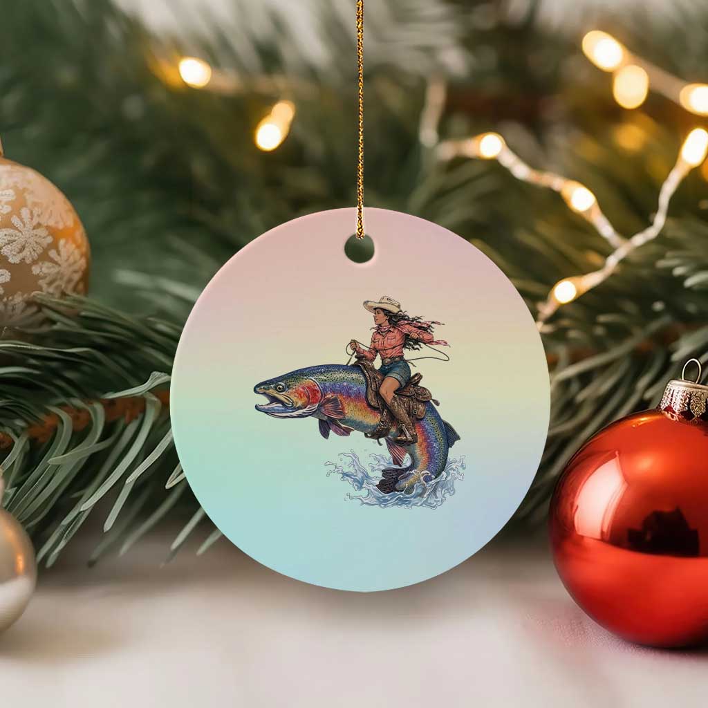 Vintage Cowgirl Riding Rainbow Trout Ceramic Ornament Funny Fishing Western Rodeo