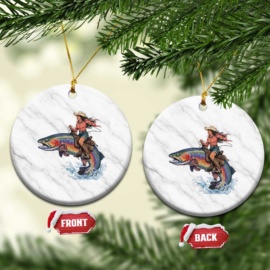 Vintage Cowgirl Riding Rainbow Trout Ceramic Ornament Funny Fishing Western Rodeo