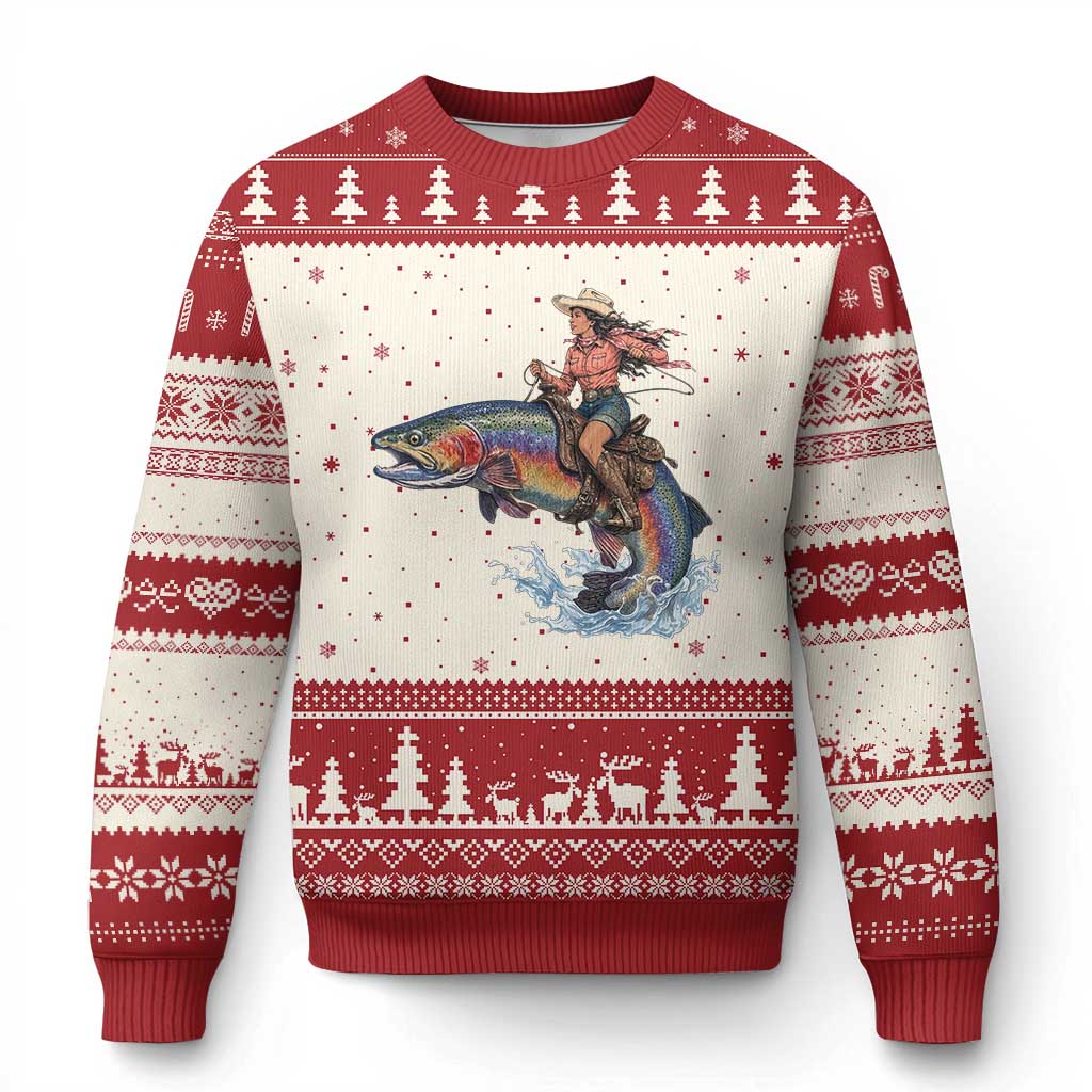 Vintage Cowgirl Riding Rainbow Trout Ugly Christmas Sweater Funny Fishing Western Rodeo