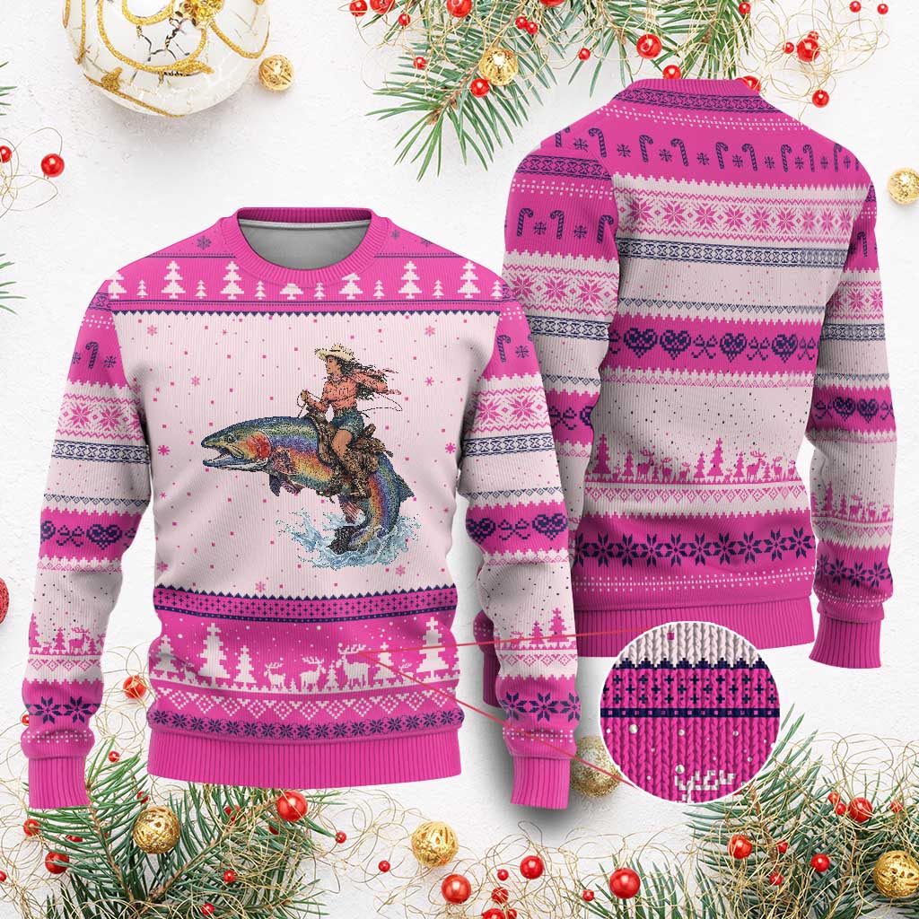 Vintage Cowgirl Riding Rainbow Trout Ugly Christmas Sweater Funny Fishing Western Rodeo