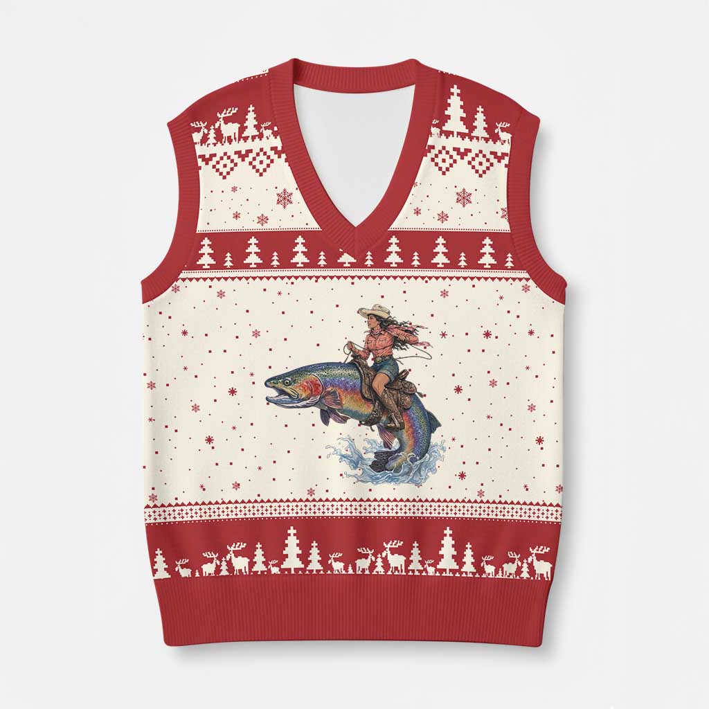Vintage Cowgirl Riding Rainbow Trout V-Neck Knit Sweater Vest Funny Fishing Western Rodeo