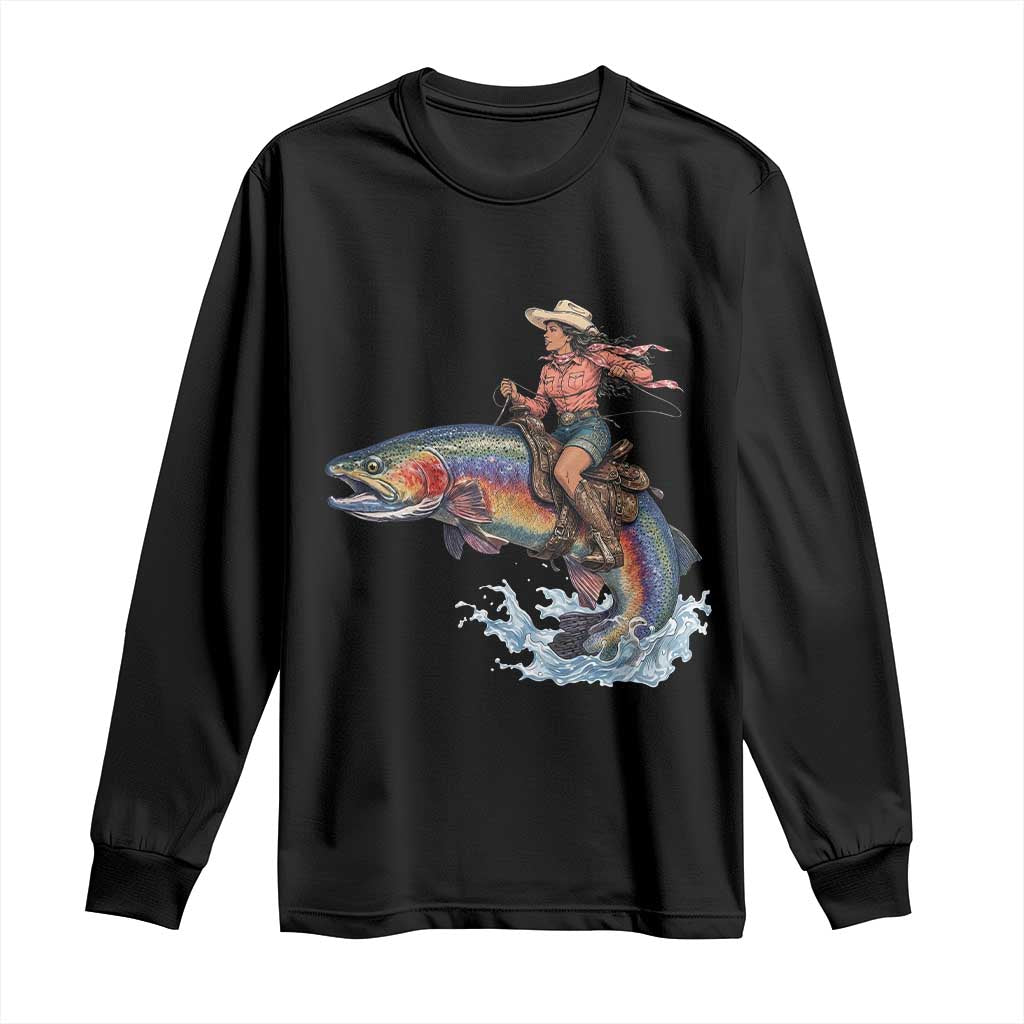 Vintage Cowgirl Riding Rainbow Trout Long Sleeve Shirt Funny Fishing Western Rodeo