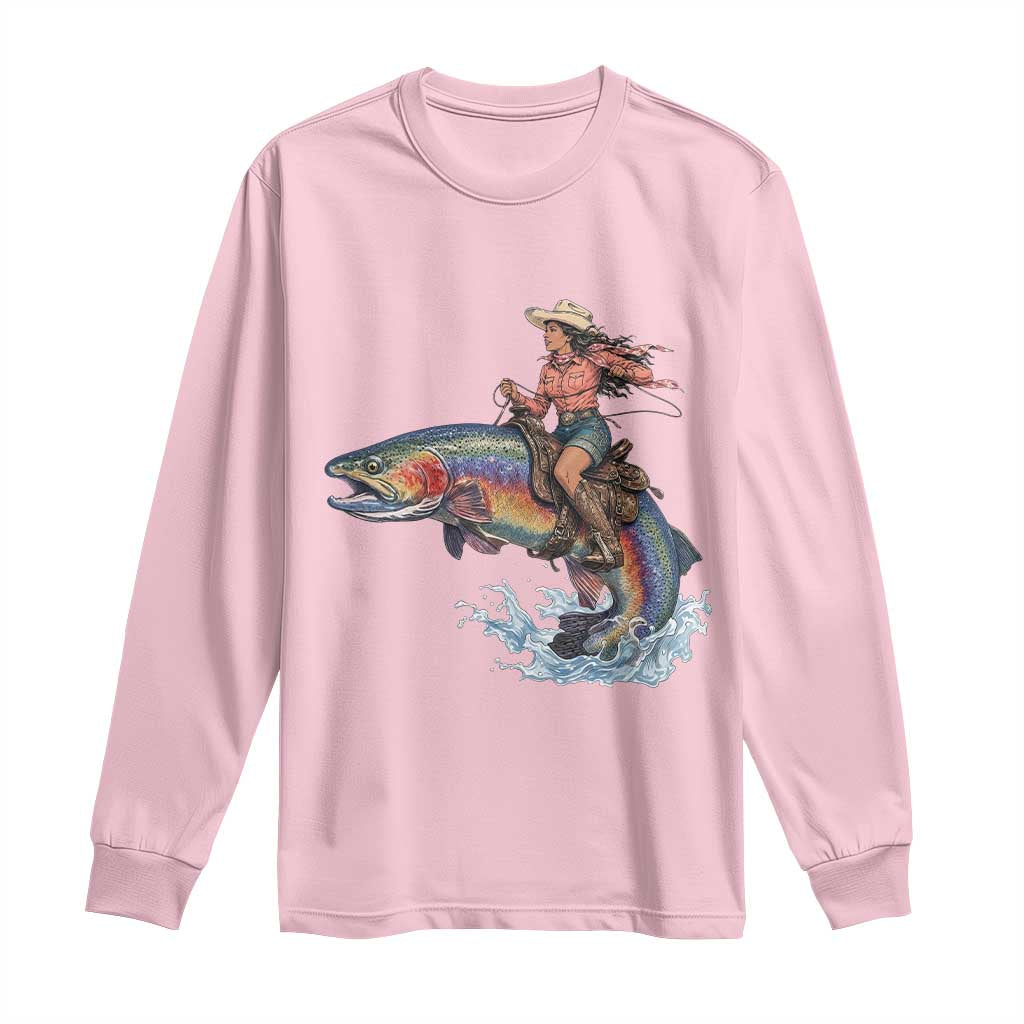 Vintage Cowgirl Riding Rainbow Trout Long Sleeve Shirt Funny Fishing Western Rodeo