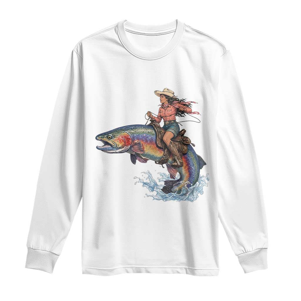 Vintage Cowgirl Riding Rainbow Trout Long Sleeve Shirt Funny Fishing Western Rodeo