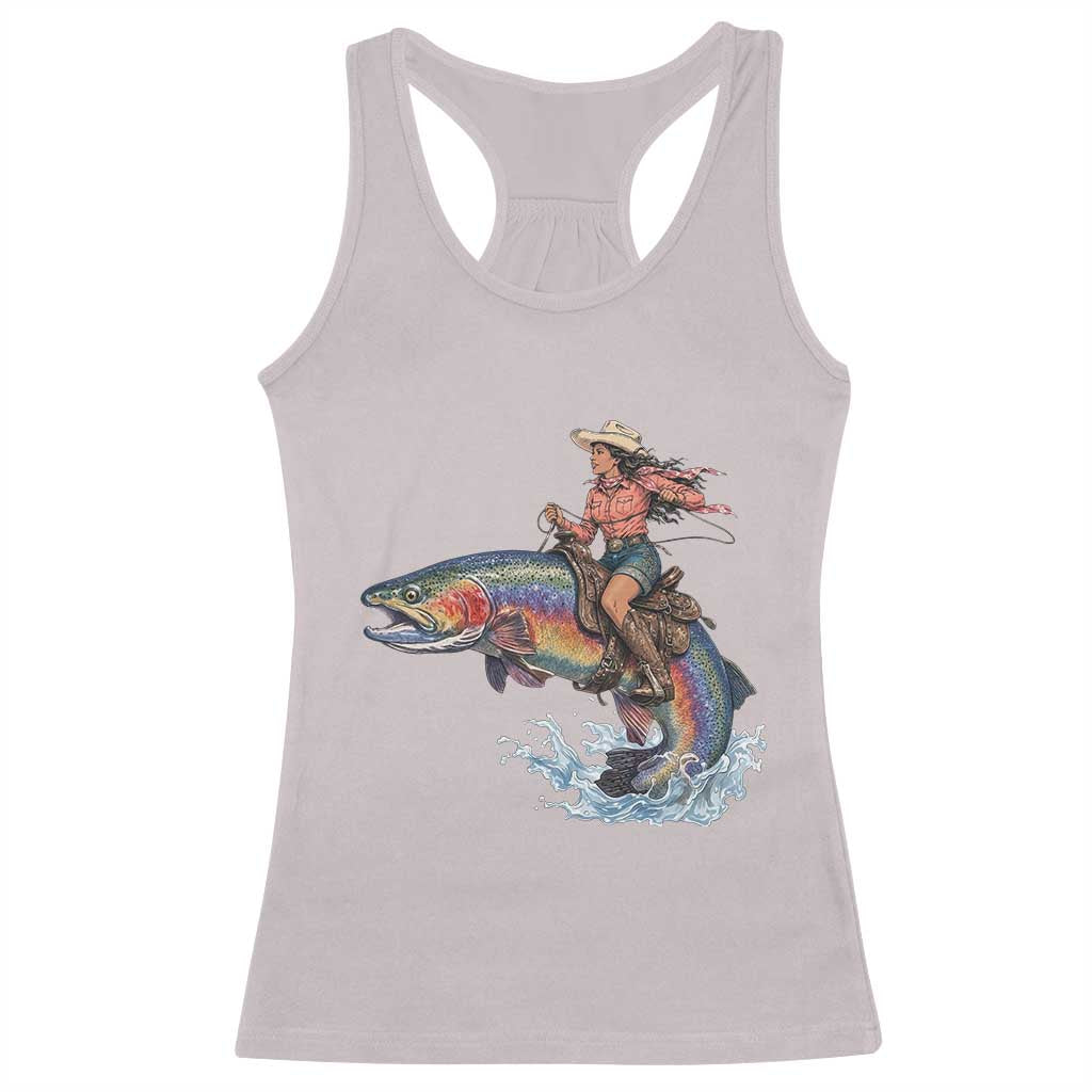 Vintage Cowgirl Riding Rainbow Trout Racerback Tank Top Funny Fishing Western Rodeo