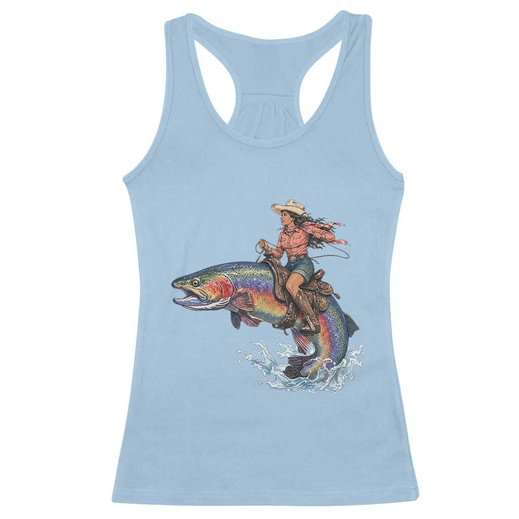 Vintage Cowgirl Riding Rainbow Trout Racerback Tank Top Funny Fishing Western Rodeo