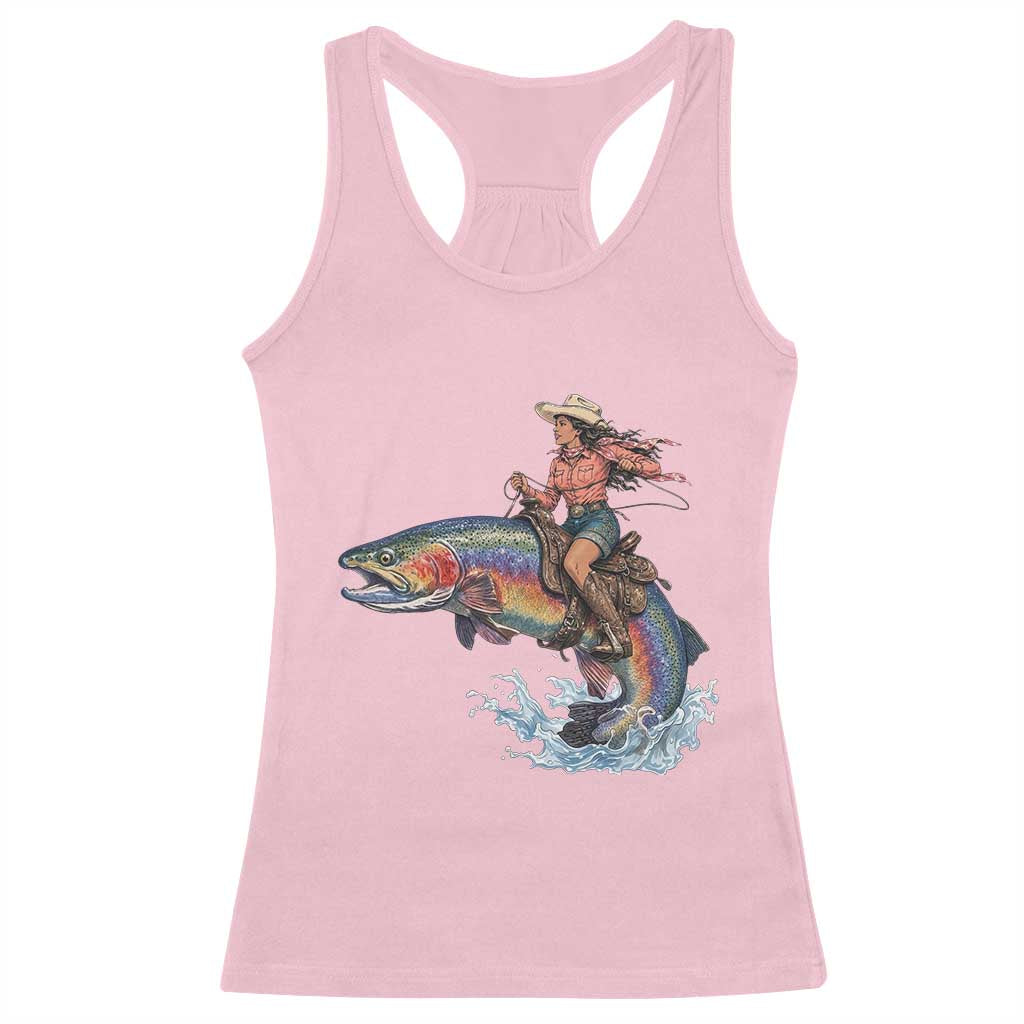 Vintage Cowgirl Riding Rainbow Trout Racerback Tank Top Funny Fishing Western Rodeo