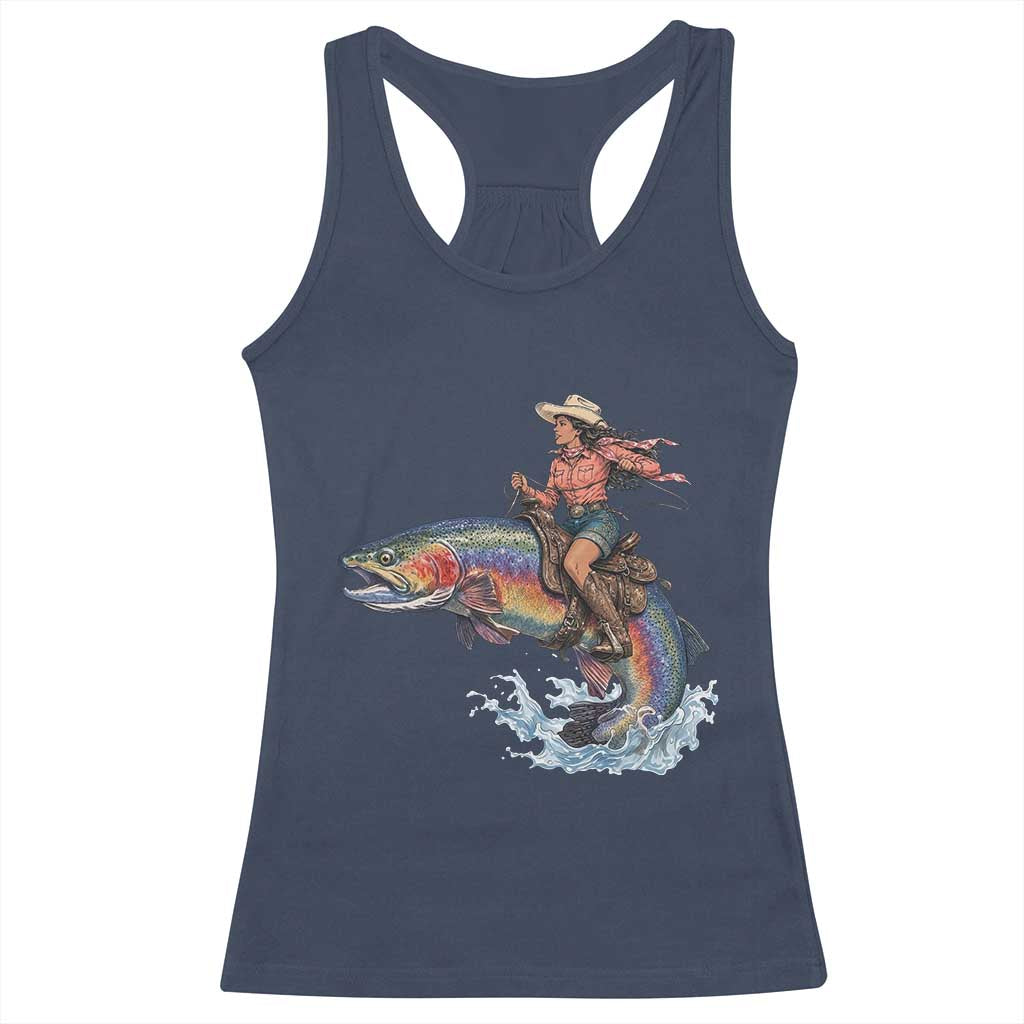 Vintage Cowgirl Riding Rainbow Trout Racerback Tank Top Funny Fishing Western Rodeo