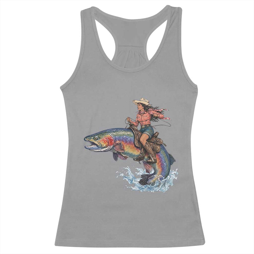 Vintage Cowgirl Riding Rainbow Trout Racerback Tank Top Funny Fishing Western Rodeo