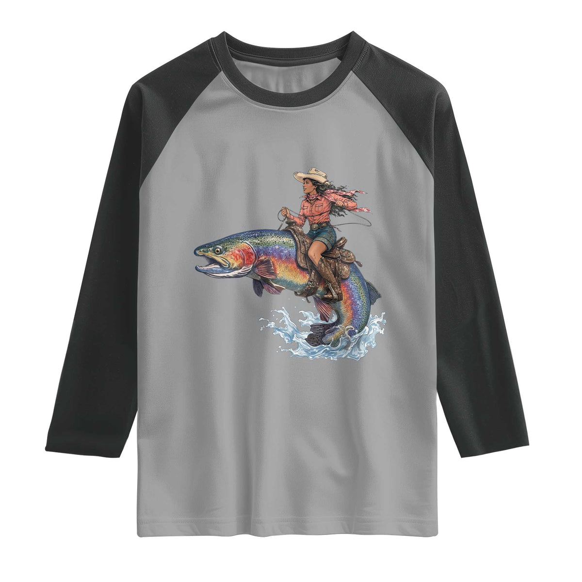 Vintage Cowgirl Riding Rainbow Trout Raglan Shirt Funny Fishing Western Rodeo
