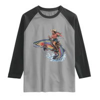 Vintage Cowgirl Riding Rainbow Trout Raglan Shirt Funny Fishing Western Rodeo