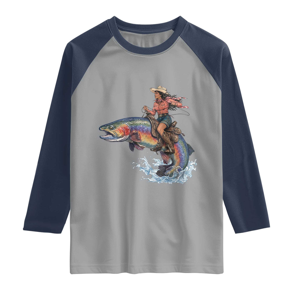 Vintage Cowgirl Riding Rainbow Trout Raglan Shirt Funny Fishing Western Rodeo