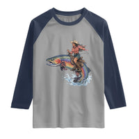 Vintage Cowgirl Riding Rainbow Trout Raglan Shirt Funny Fishing Western Rodeo