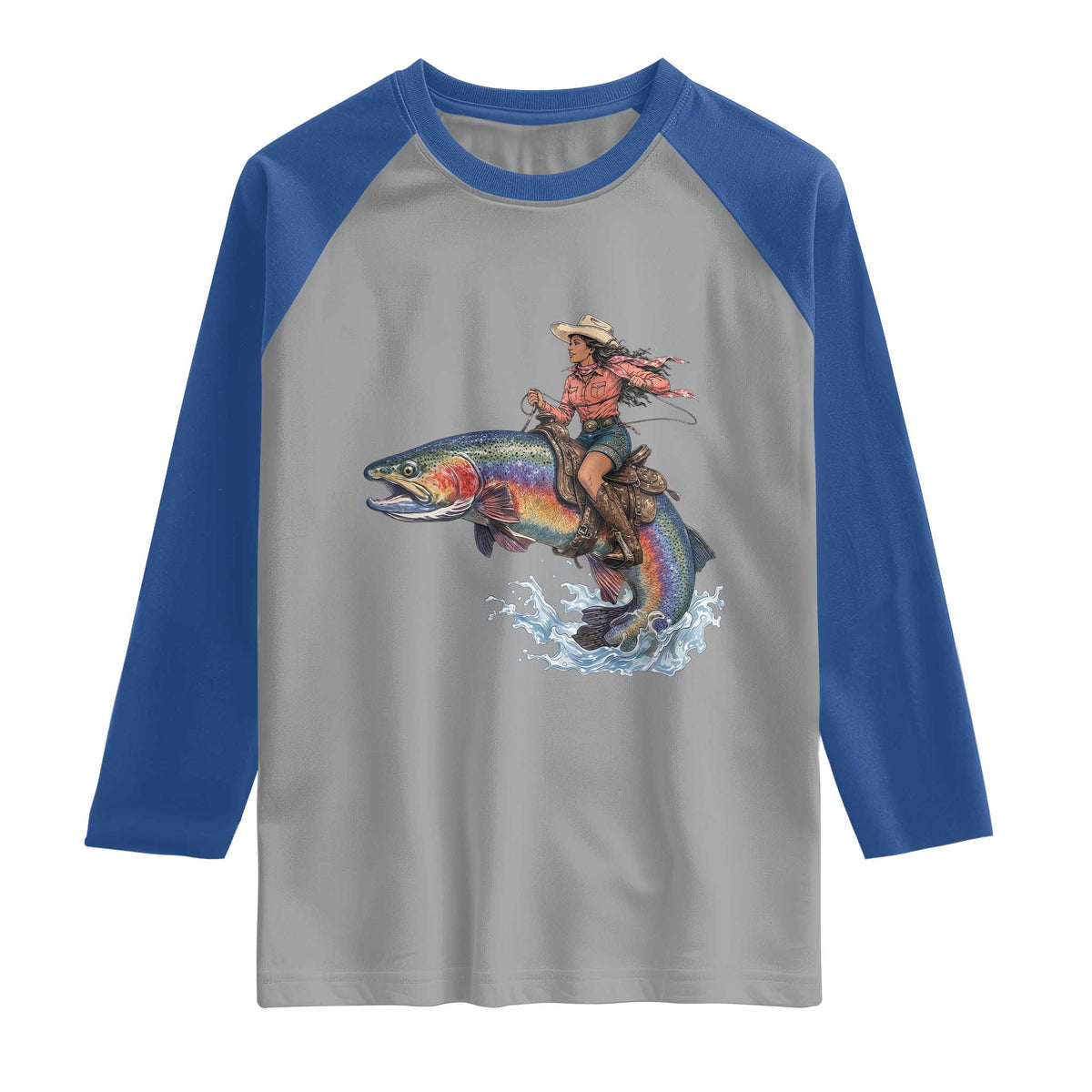 Vintage Cowgirl Riding Rainbow Trout Raglan Shirt Funny Fishing Western Rodeo