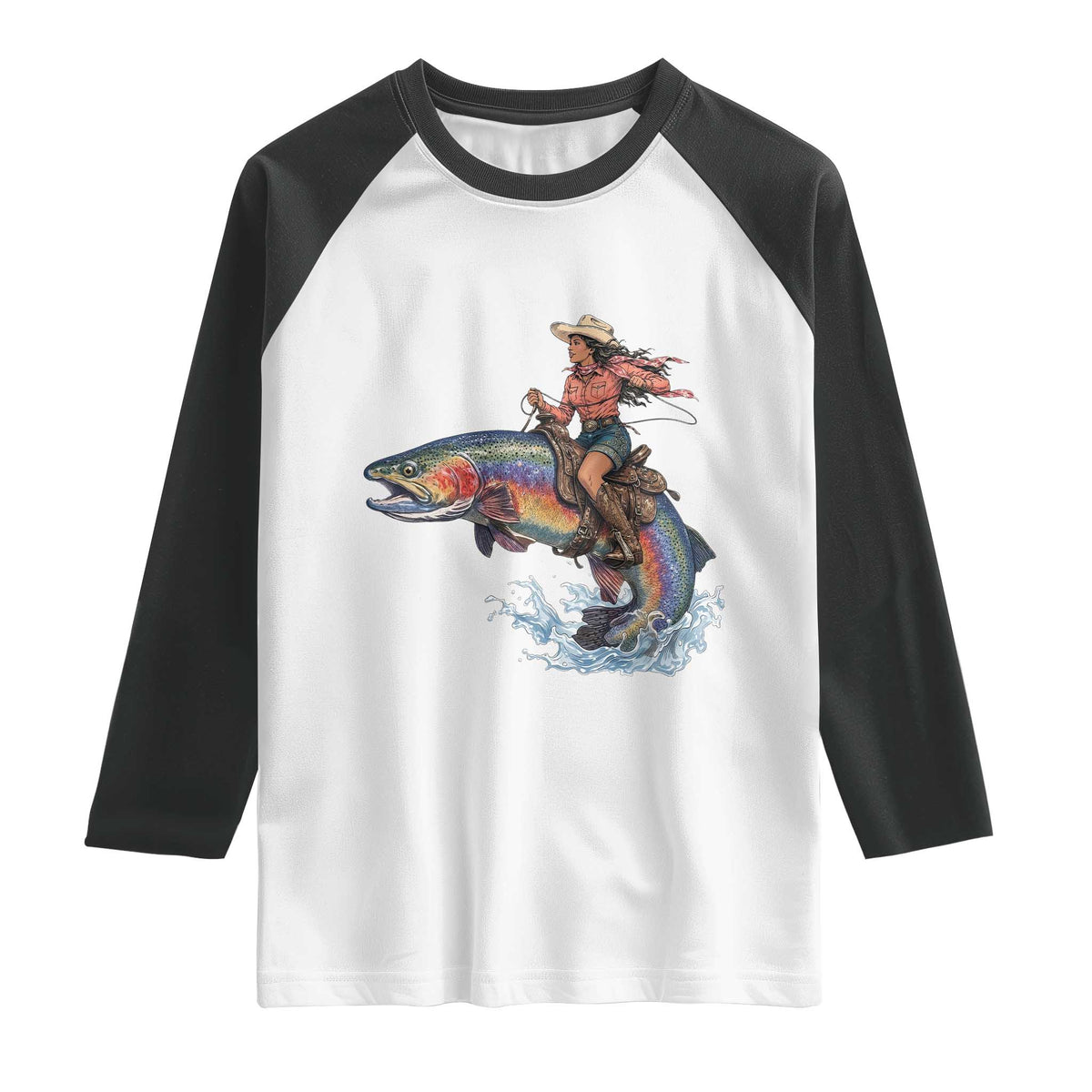 Vintage Cowgirl Riding Rainbow Trout Raglan Shirt Funny Fishing Western Rodeo