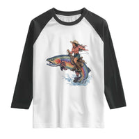Vintage Cowgirl Riding Rainbow Trout Raglan Shirt Funny Fishing Western Rodeo