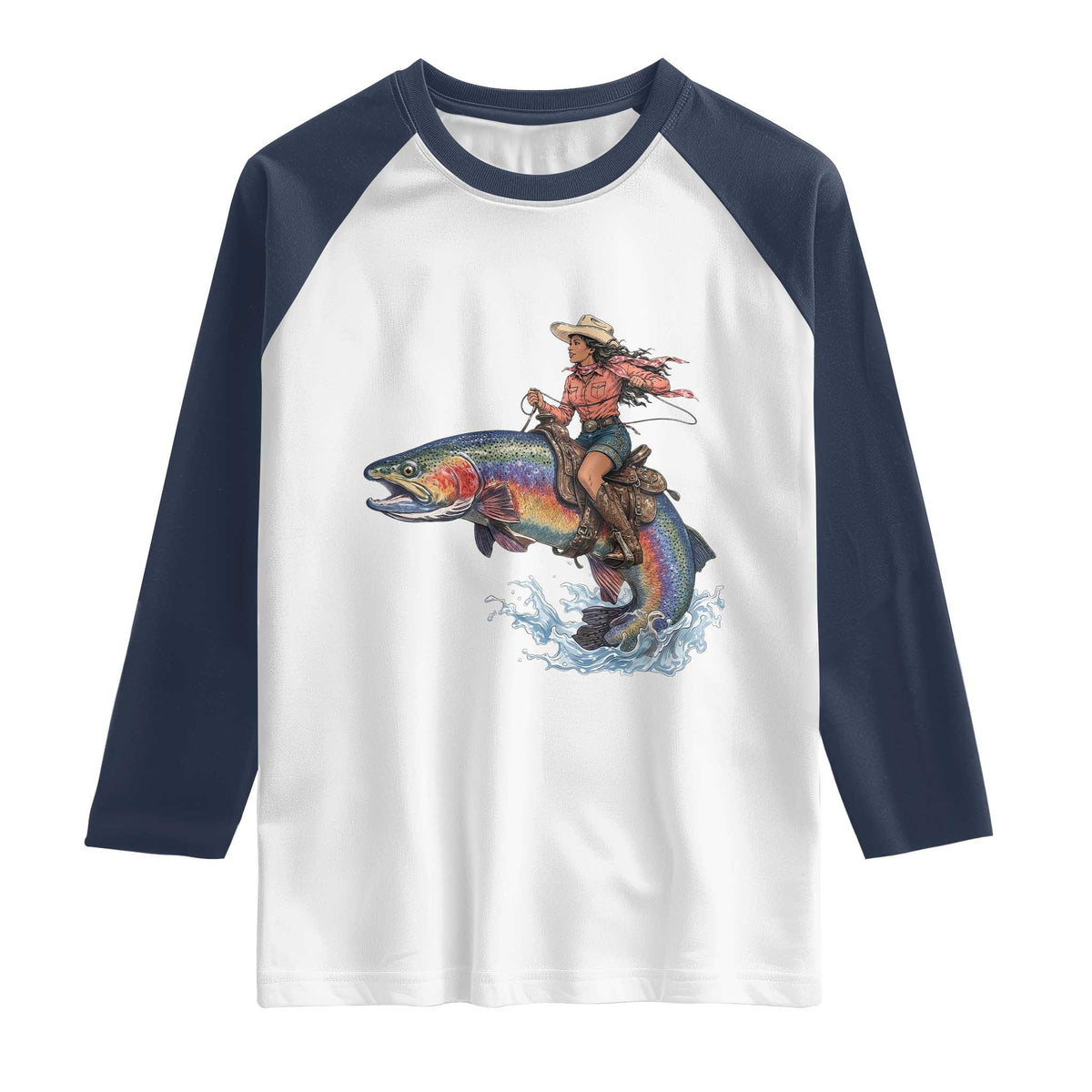 Vintage Cowgirl Riding Rainbow Trout Raglan Shirt Funny Fishing Western Rodeo