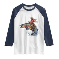 Vintage Cowgirl Riding Rainbow Trout Raglan Shirt Funny Fishing Western Rodeo
