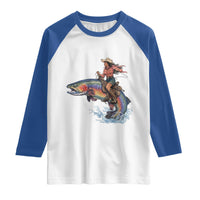 Vintage Cowgirl Riding Rainbow Trout Raglan Shirt Funny Fishing Western Rodeo