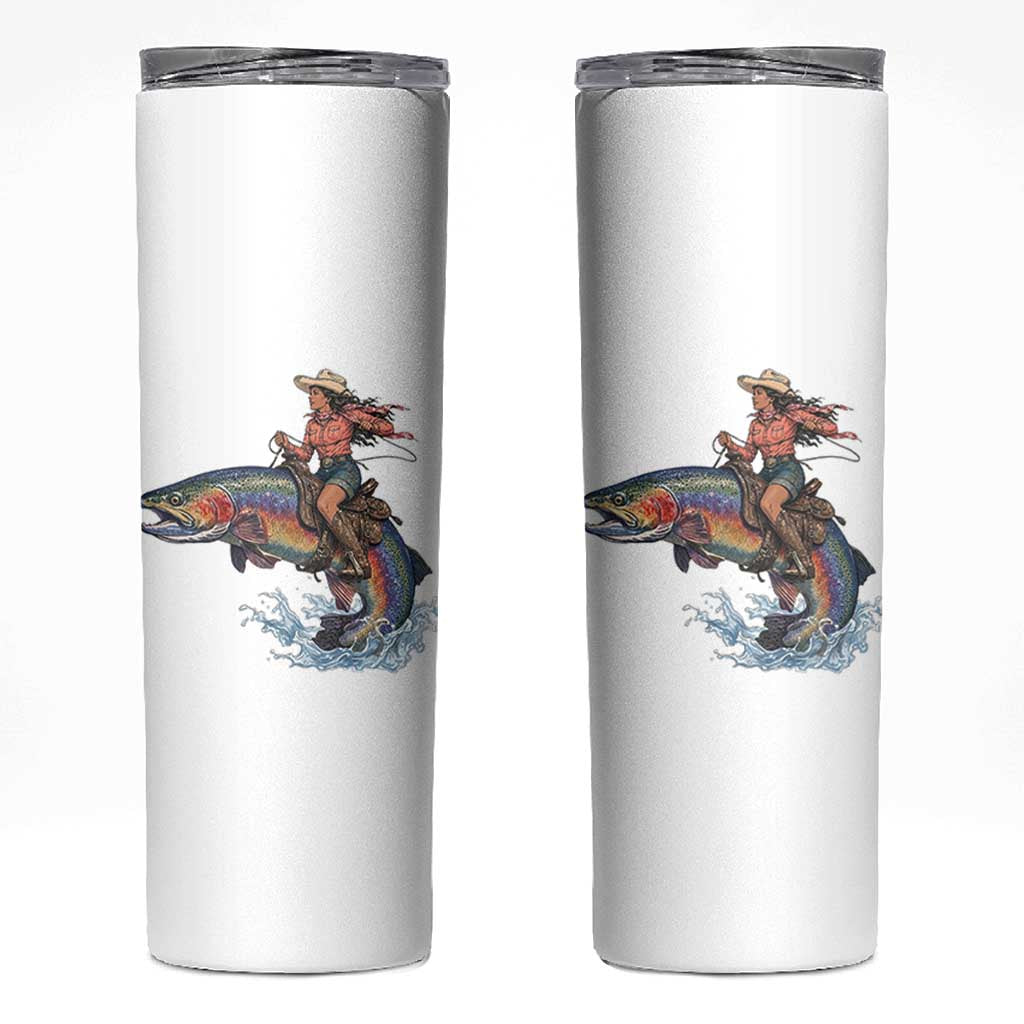 Vintage Cowgirl Riding Rainbow Trout Skinny Tumbler Funny Fishing Western Rodeo
