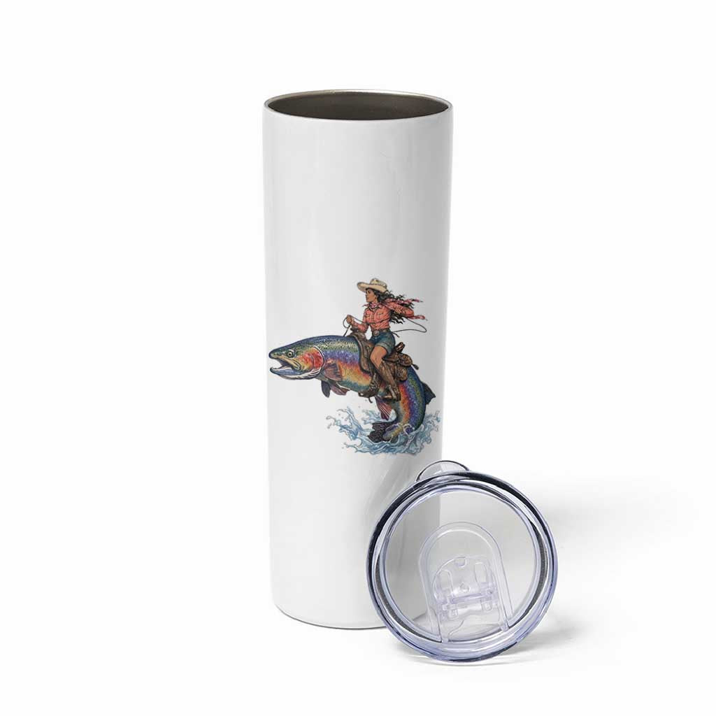 Vintage Cowgirl Riding Rainbow Trout Skinny Tumbler Funny Fishing Western Rodeo