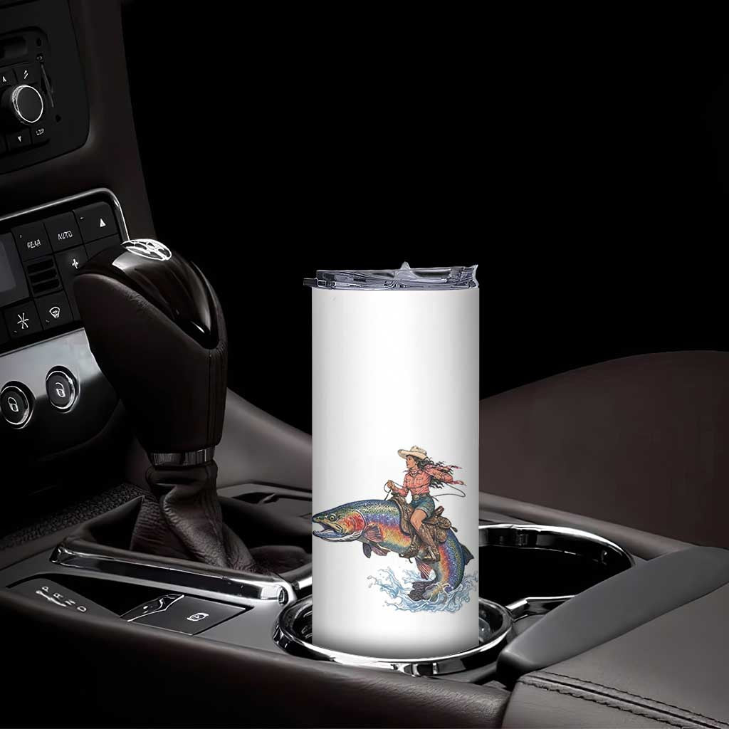 Vintage Cowgirl Riding Rainbow Trout Skinny Tumbler Funny Fishing Western Rodeo