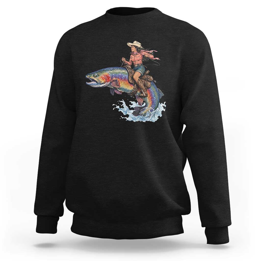 Vintage Cowgirl Riding Rainbow Trout Sweatshirt Funny Fishing Western Rodeo