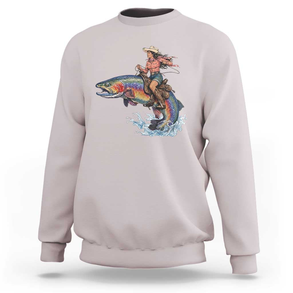Vintage Cowgirl Riding Rainbow Trout Sweatshirt Funny Fishing Western Rodeo