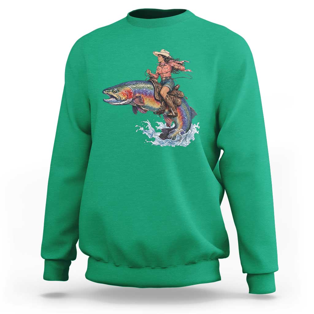 Vintage Cowgirl Riding Rainbow Trout Sweatshirt Funny Fishing Western Rodeo