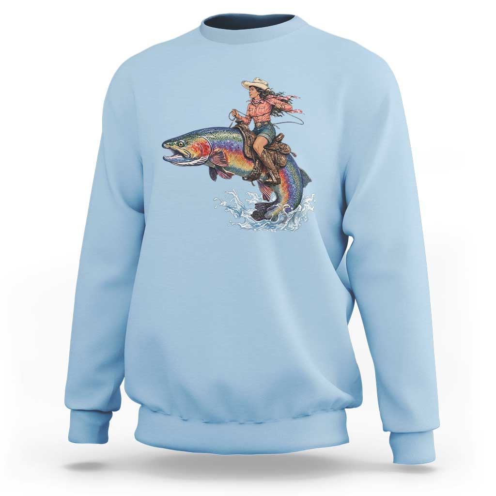 Vintage Cowgirl Riding Rainbow Trout Sweatshirt Funny Fishing Western Rodeo