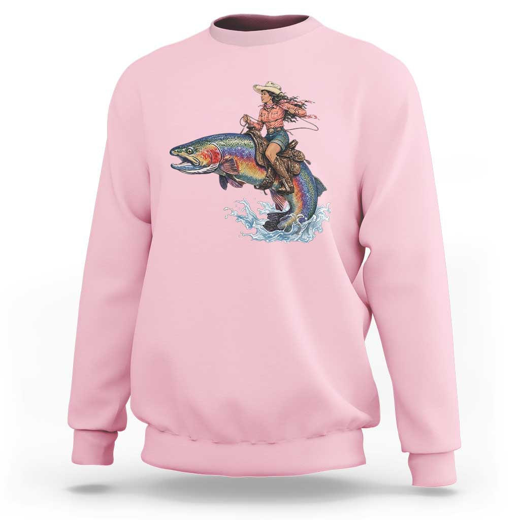 Vintage Cowgirl Riding Rainbow Trout Sweatshirt Funny Fishing Western Rodeo