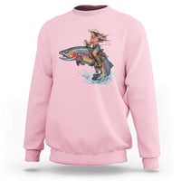 Vintage Cowgirl Riding Rainbow Trout Sweatshirt Funny Fishing Western Rodeo