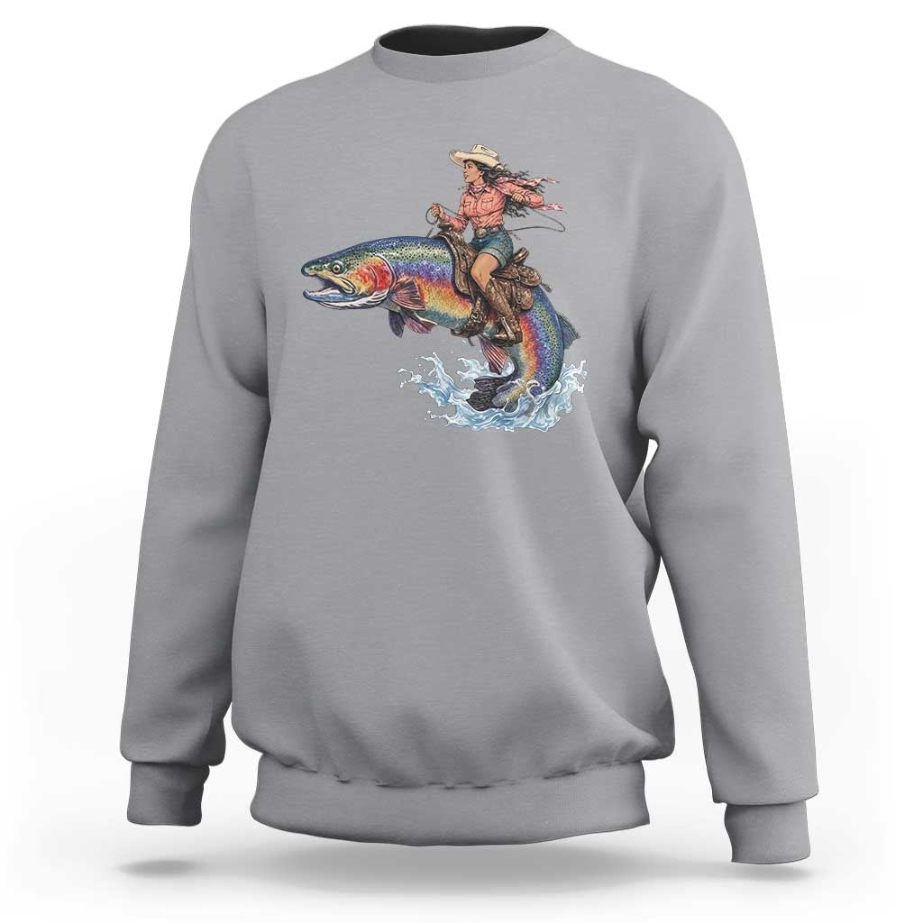 Vintage Cowgirl Riding Rainbow Trout Sweatshirt Funny Fishing Western Rodeo