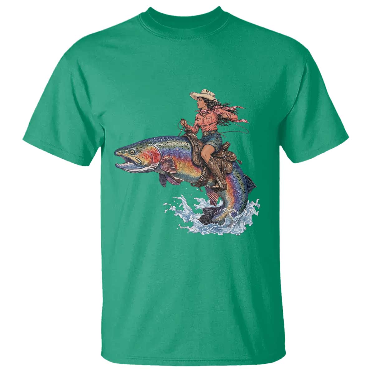 Vintage Cowgirl Riding Rainbow Trout T Shirt Funny Fishing Western Rodeo