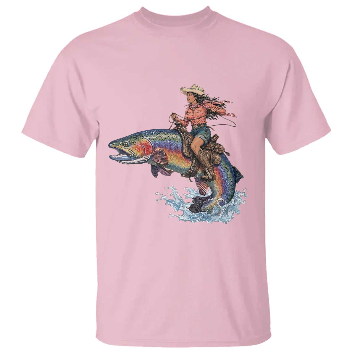 Vintage Cowgirl Riding Rainbow Trout T Shirt Funny Fishing Western Rodeo