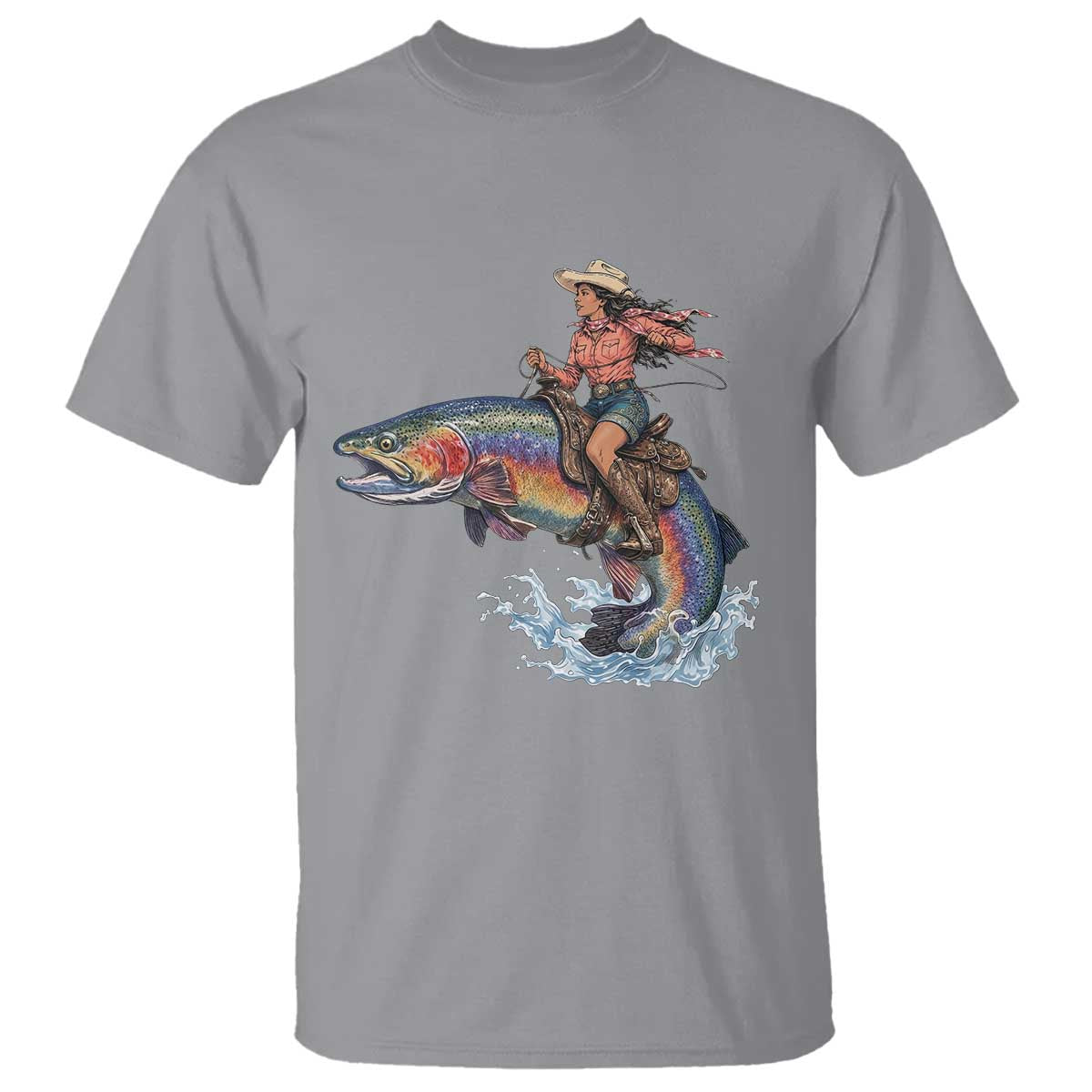 Vintage Cowgirl Riding Rainbow Trout T Shirt Funny Fishing Western Rodeo