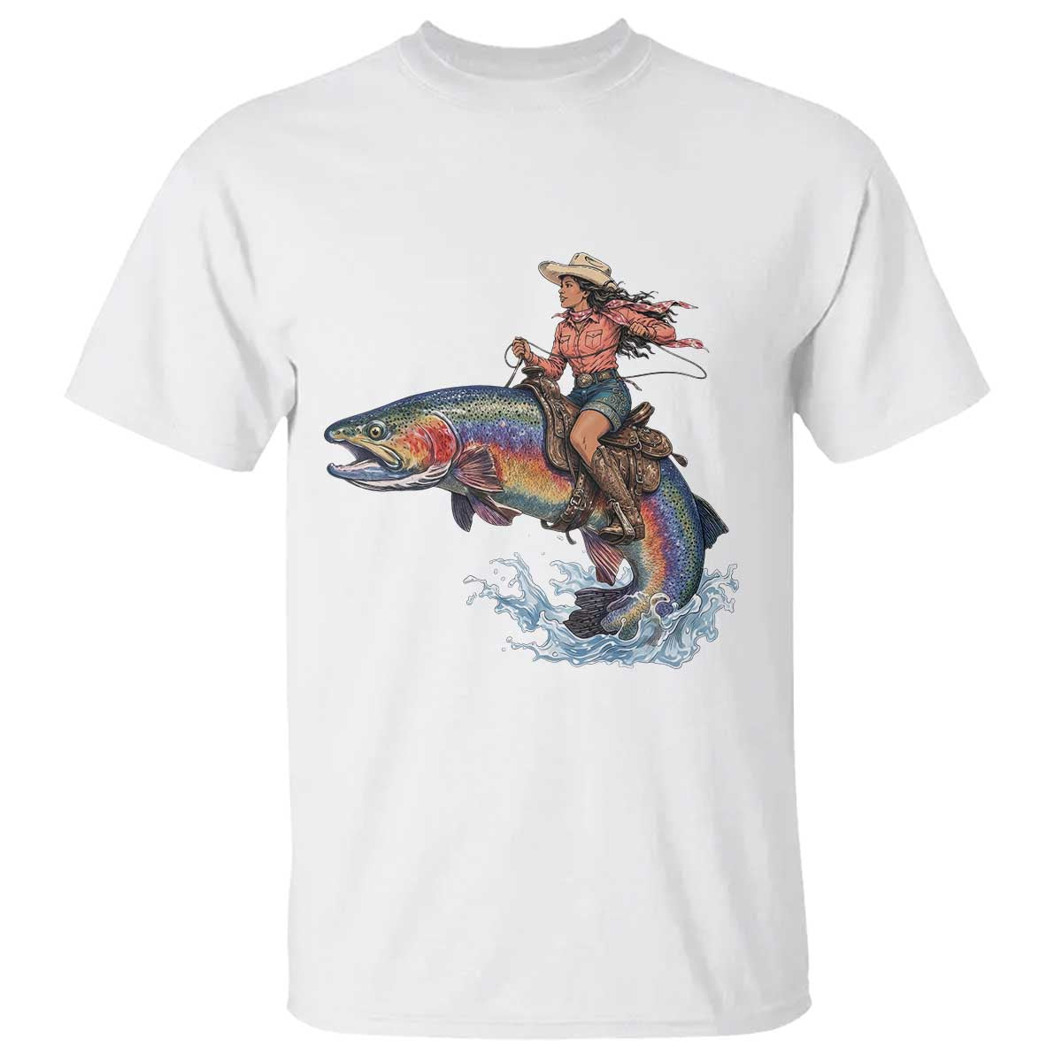 Vintage Cowgirl Riding Rainbow Trout T Shirt Funny Fishing Western Rodeo