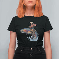 Vintage Cowgirl Riding Rainbow Trout T Shirt For Women Funny Fishing Western Rodeo