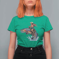 Vintage Cowgirl Riding Rainbow Trout T Shirt For Women Funny Fishing Western Rodeo
