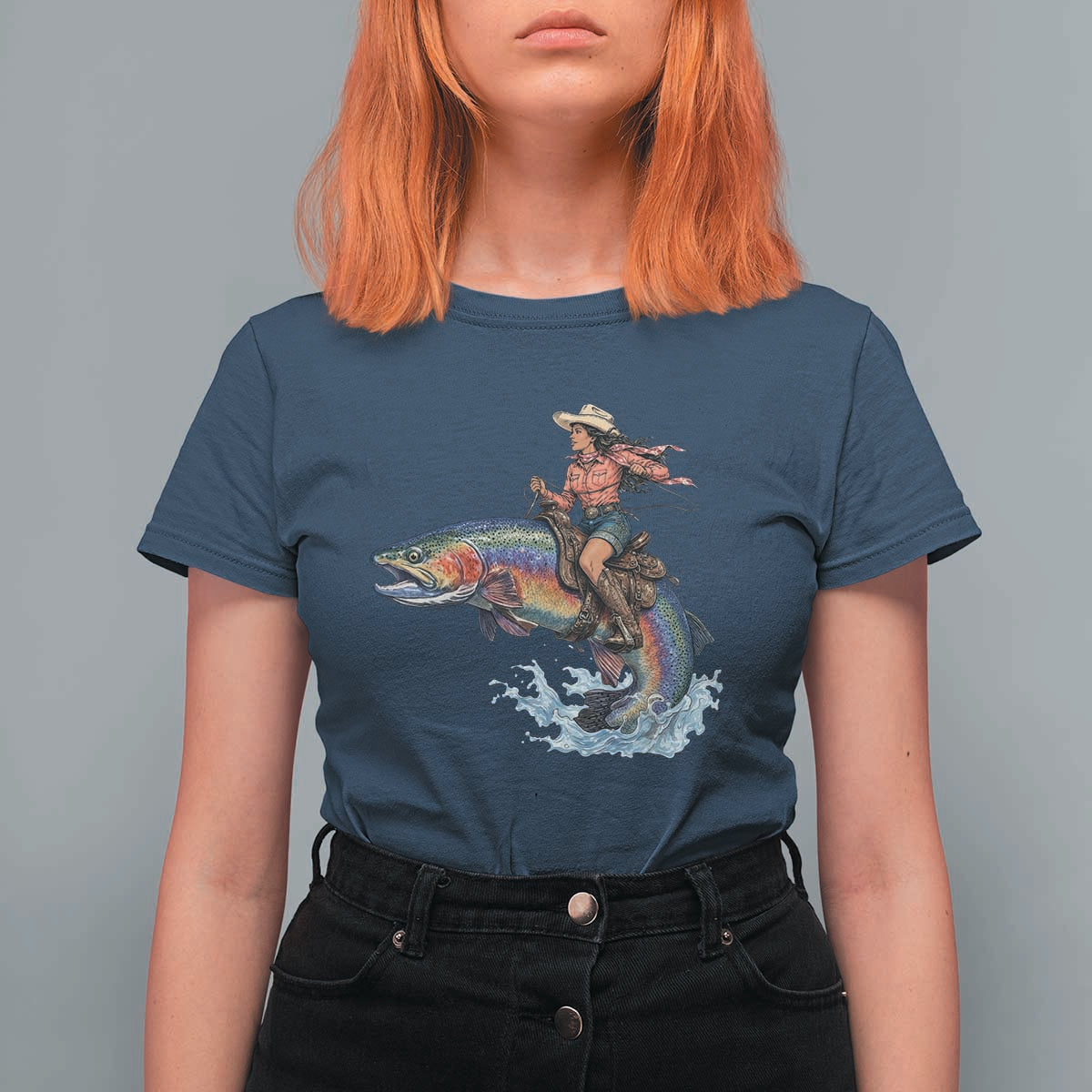 Vintage Cowgirl Riding Rainbow Trout T Shirt For Women Funny Fishing Western Rodeo