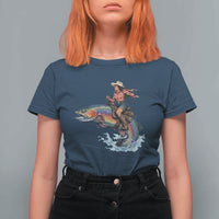 Vintage Cowgirl Riding Rainbow Trout T Shirt For Women Funny Fishing Western Rodeo