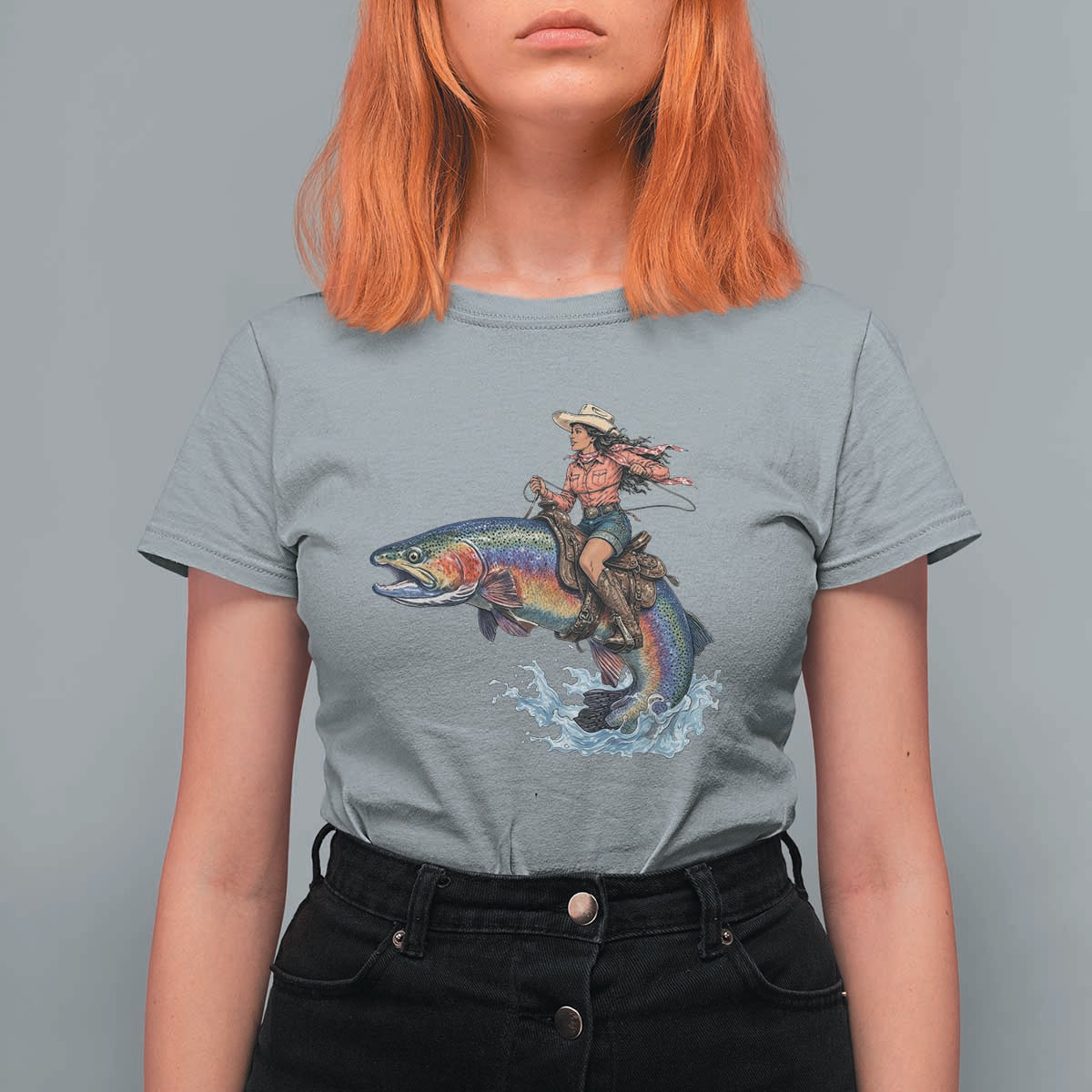 Vintage Cowgirl Riding Rainbow Trout T Shirt For Women Funny Fishing Western Rodeo