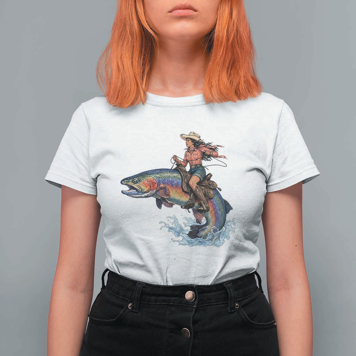 Vintage Cowgirl Riding Rainbow Trout T Shirt For Women Funny Fishing Western Rodeo