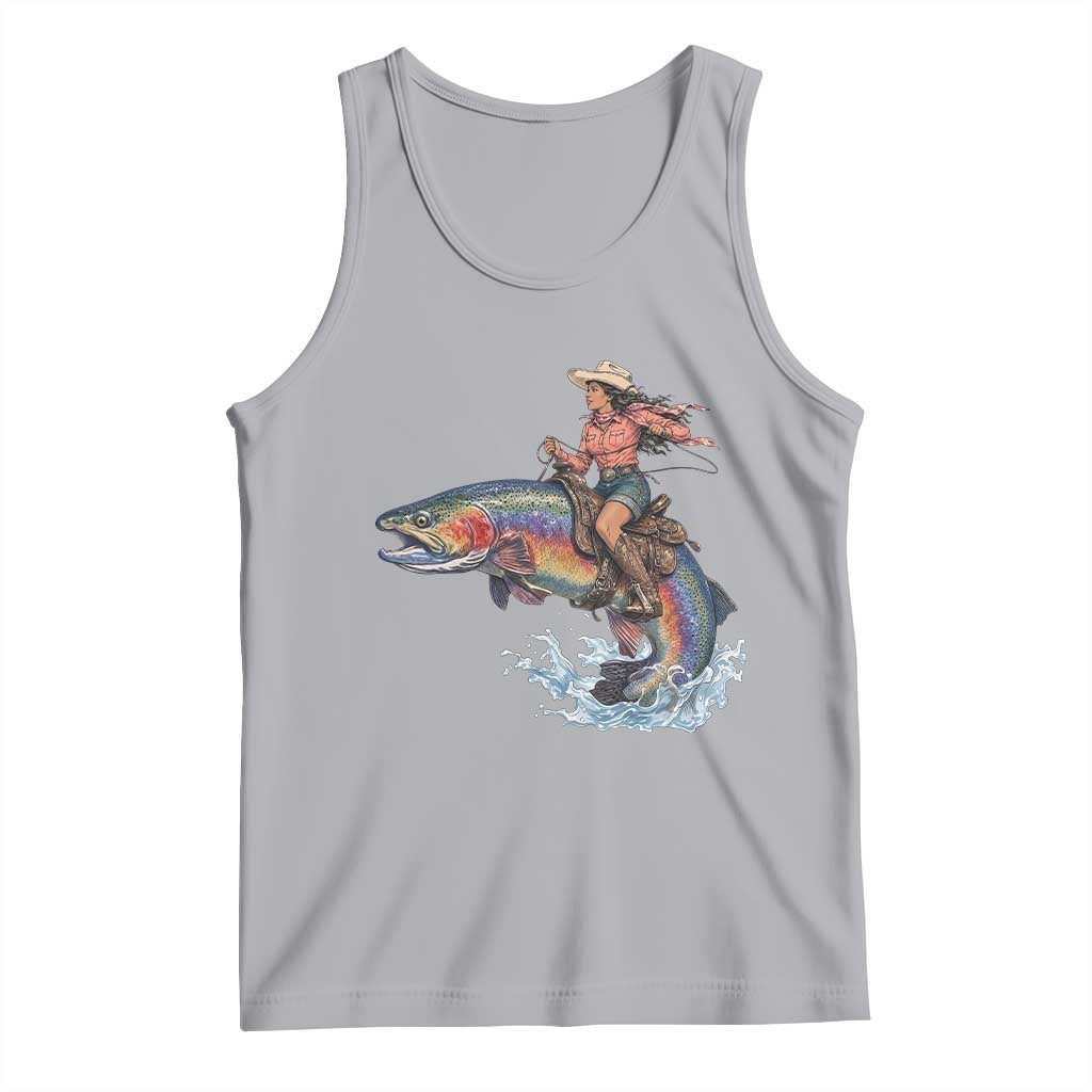 Vintage Cowgirl Riding Rainbow Trout Tank Top Funny Fishing Western Rodeo