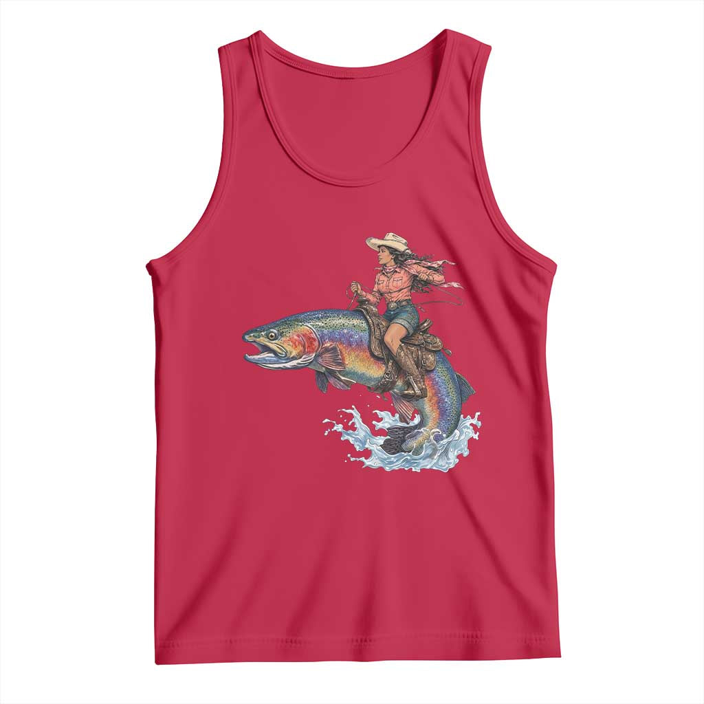 Vintage Cowgirl Riding Rainbow Trout Tank Top Funny Fishing Western Rodeo